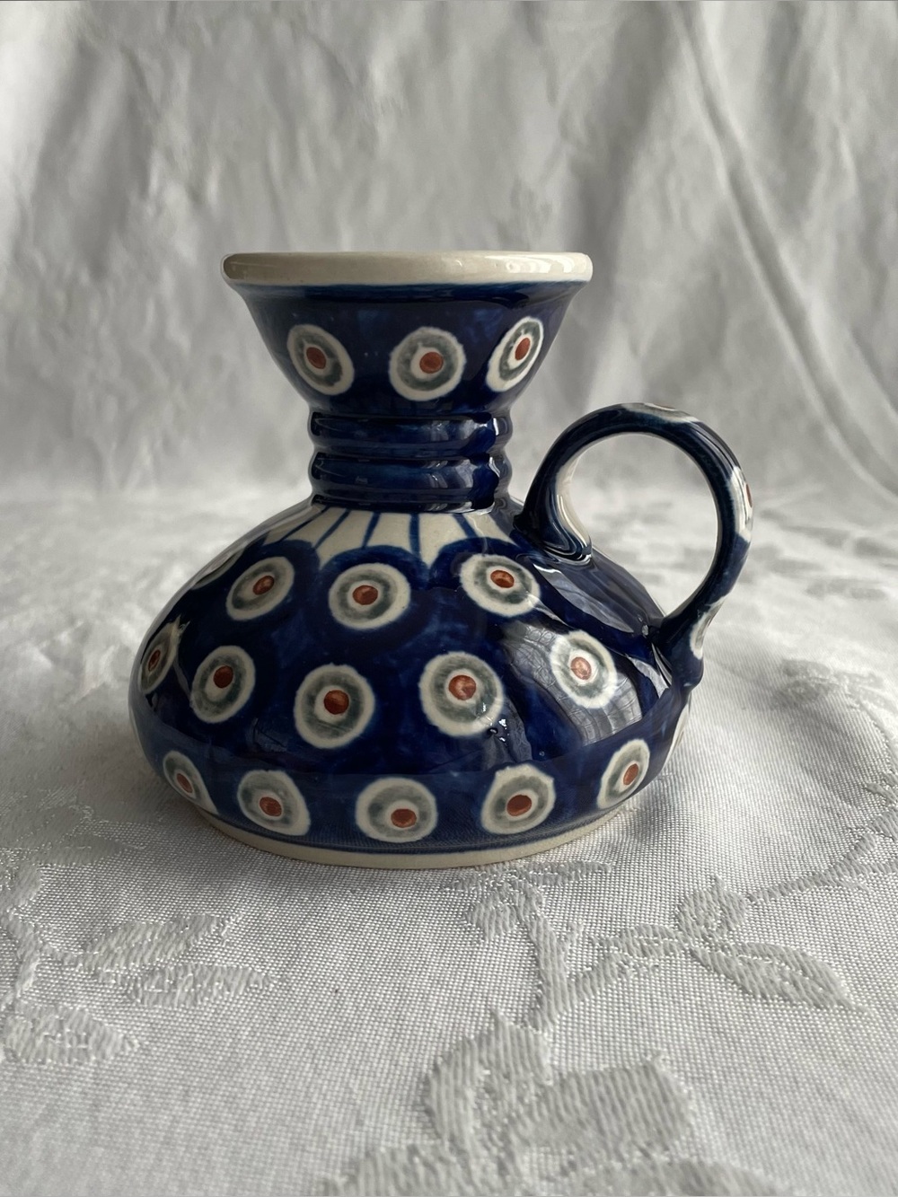 Polish Pottery Peacock Candle Holder Chamber Candlestick Cobalt Blue Handmade